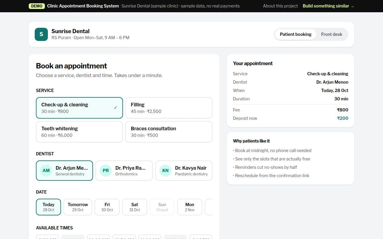 Patient booking flow with service, dentist, date and time slots
