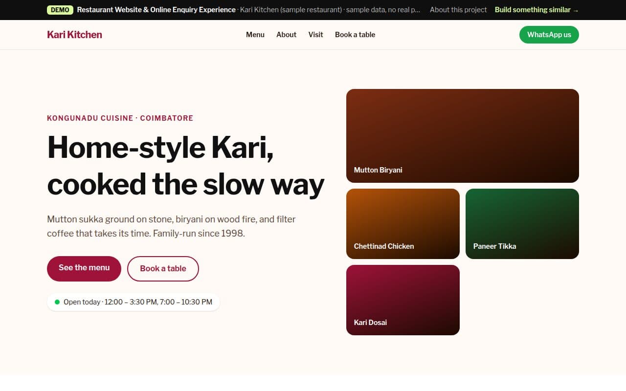 Restaurant homepage with hero, opening hours and menu highlights