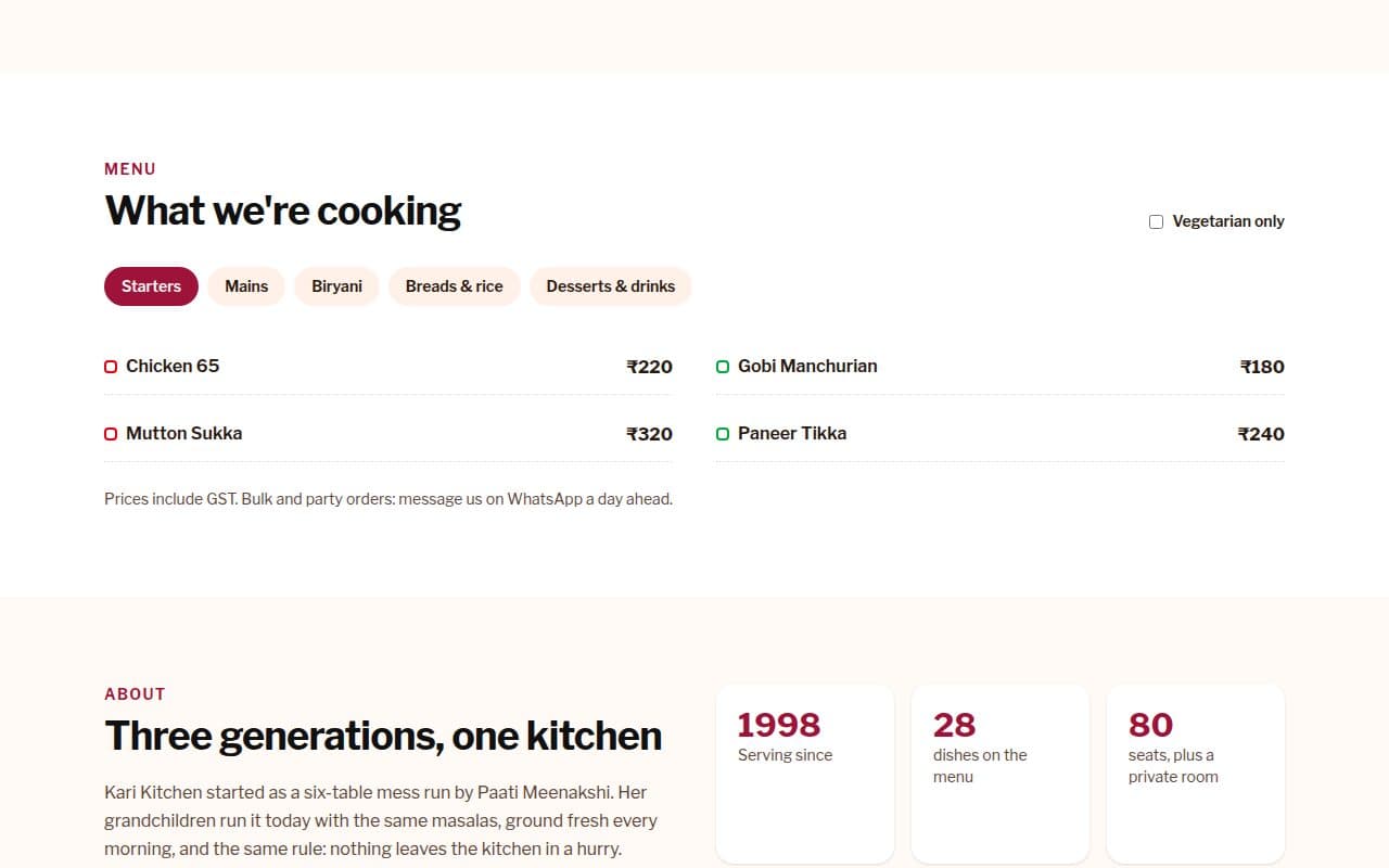 Menu section with categories and prices