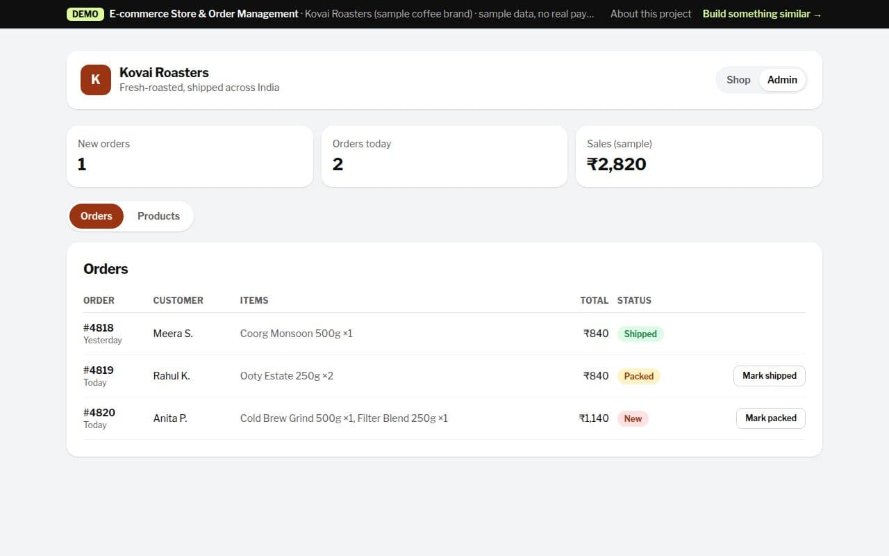 Admin view with products and orders