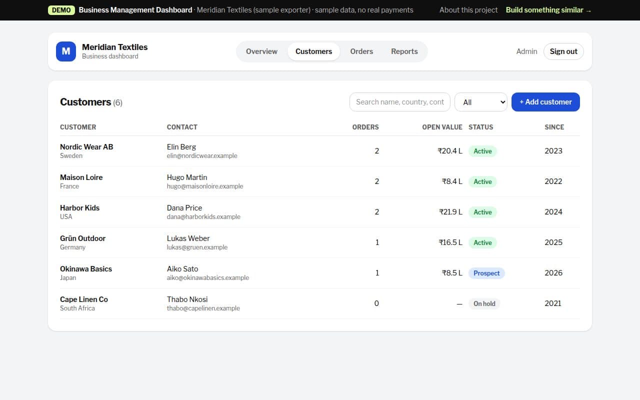 Customer list with search and filters